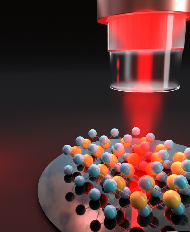 Illustration of an absorption microscope, prototype of Qlibri GmbH. The minute absorption of light in nanoscale samples can be enhanced by the many roundtrips of light in an optical resonator and is thereby made visible. Sigger and Amersdorffer et al. have used this novel microscopy tool to investigate the spectral absorption of atomistic defects in a MoS2 monolayer and thereby pave the way to a better understanding of their energetic landscape which is important for their potential use as quantum emitters. Illustration of an absorption microscope, prototype of Qlibri GmbH.